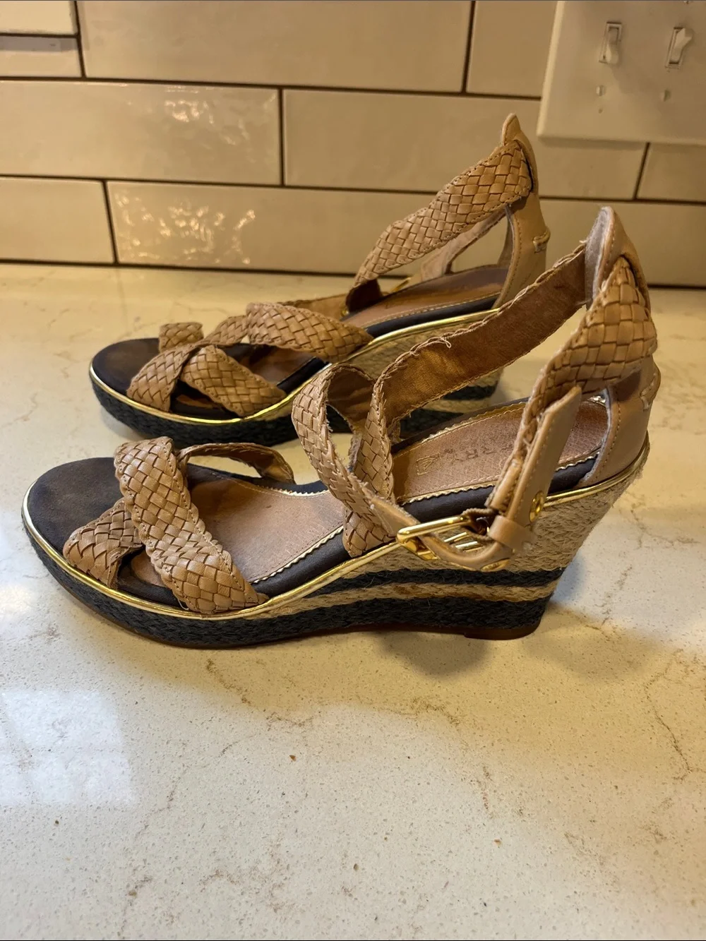 Sperry Braided Tan Wedge Sandals with Black Espadrille Platform and Gold Trim